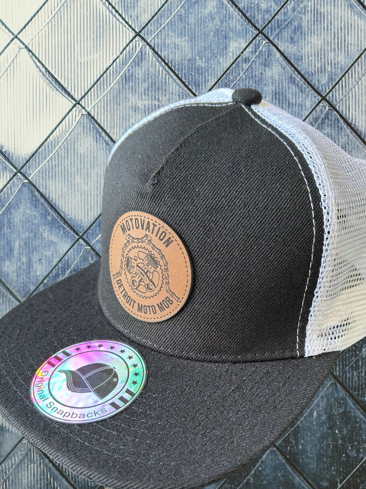 Snap Back Cap - Black & White Trucker Hat with Leather Patch