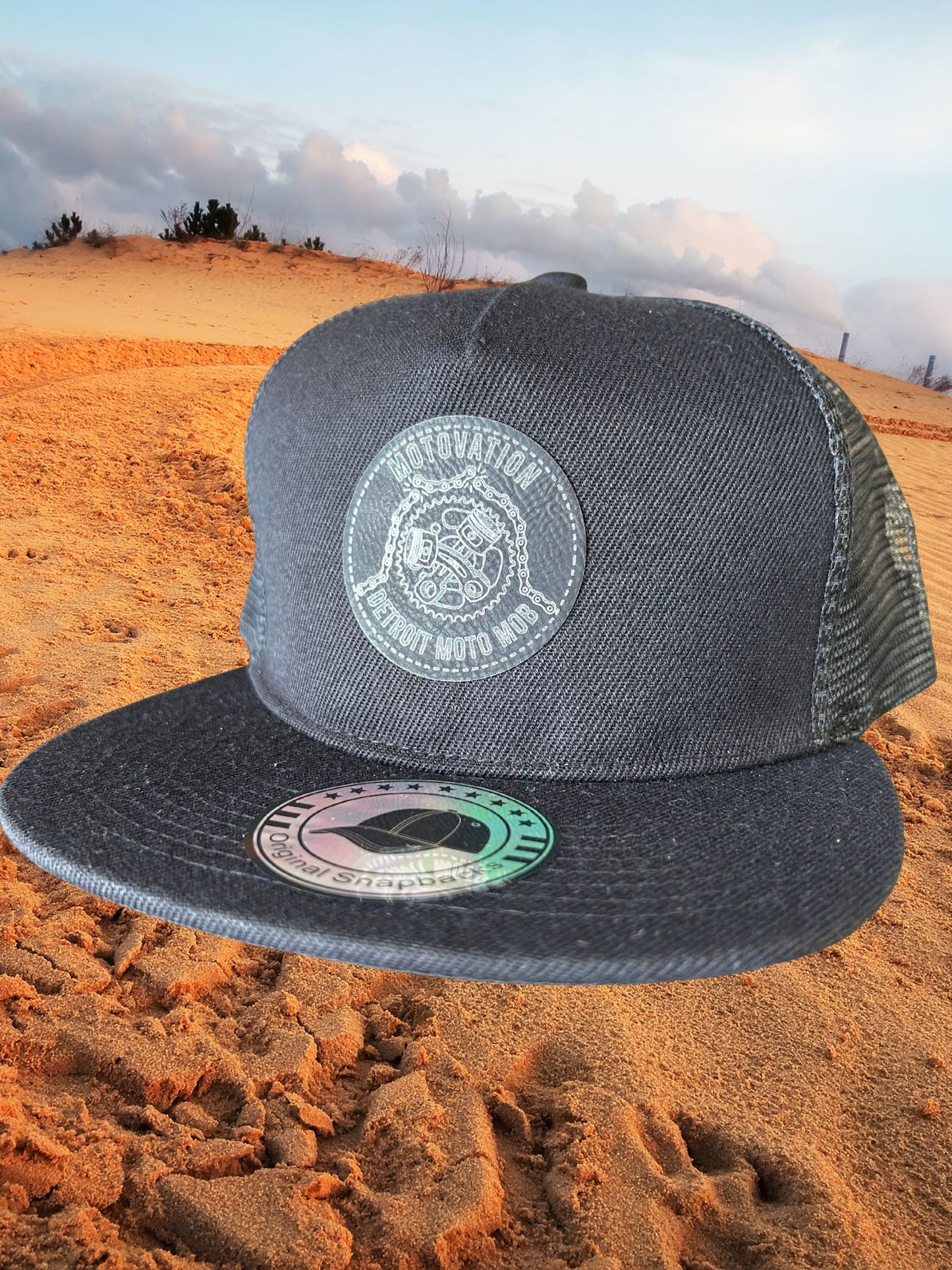 Snap Back Cap - All Black Trucker Hat with Moto Vation Leather Patch