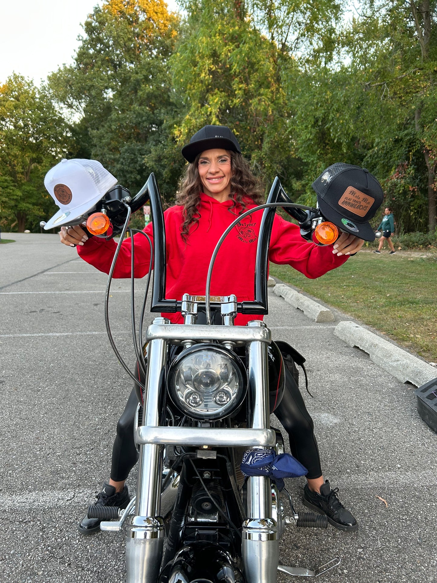 Snap Back Cap - All Black Trucker Hat with Natural Leather Moto Vation Patch