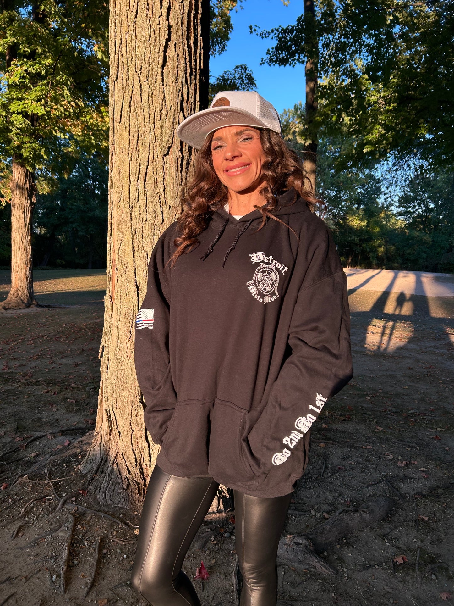 Snap Back Cap - All Black Trucker Hat with Natural Leather Moto Vation Patch