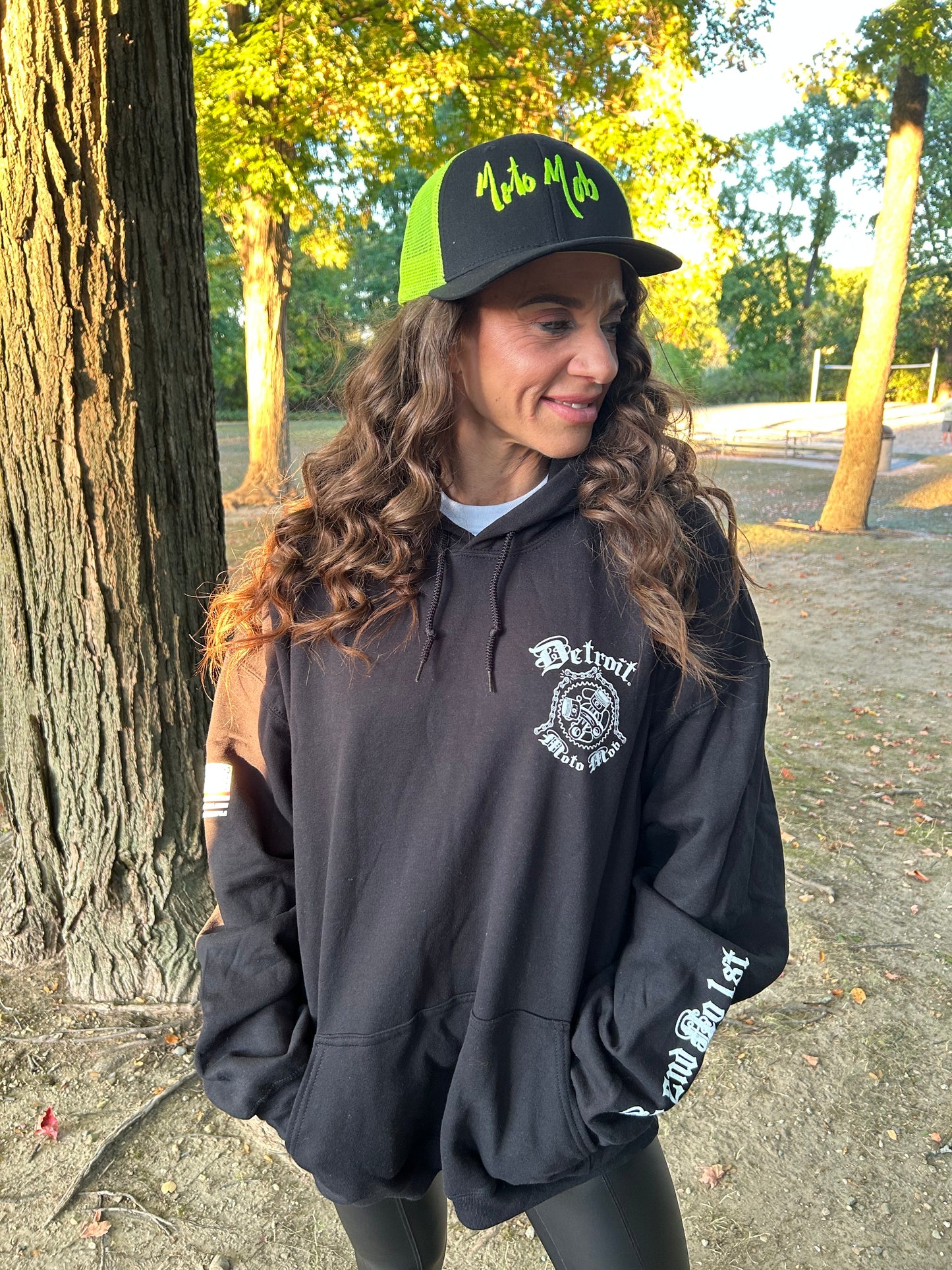 Snap Back Cap - All Black Trucker Hat with Natural Leather Moto Vation Patch