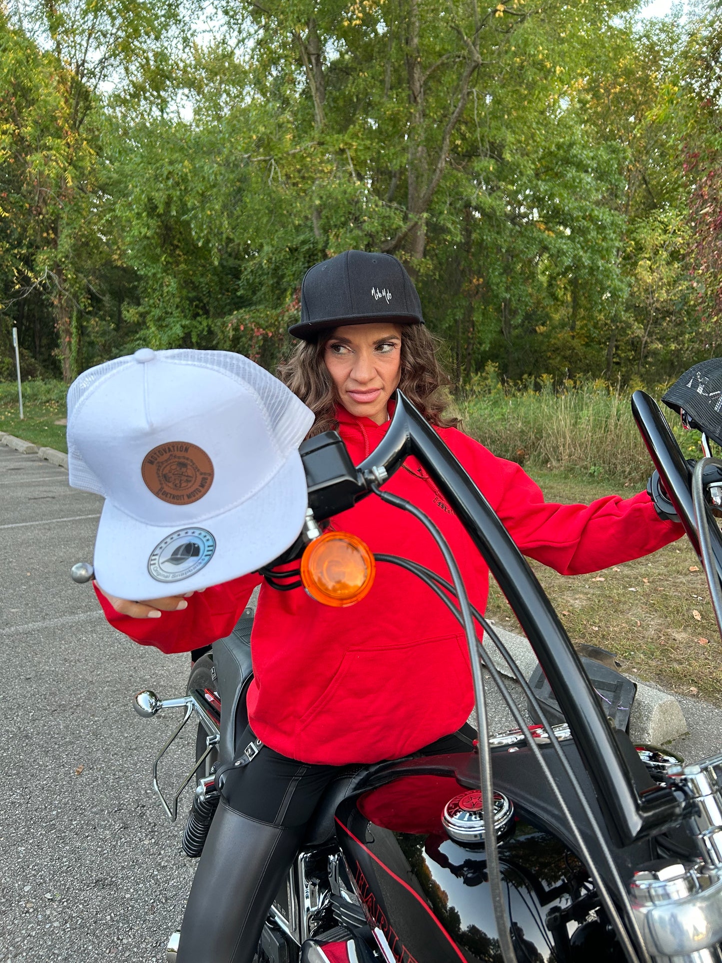 Snap Back Cap - All Black Trucker Hat with Natural Leather Moto Vation Patch