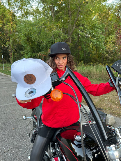 Snap Back Cap - All Black Trucker Hat with Natural Leather Moto Vation Patch