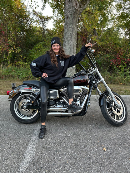 Snap Back Cap - All Black Trucker Hat with Natural Leather Moto Vation Patch