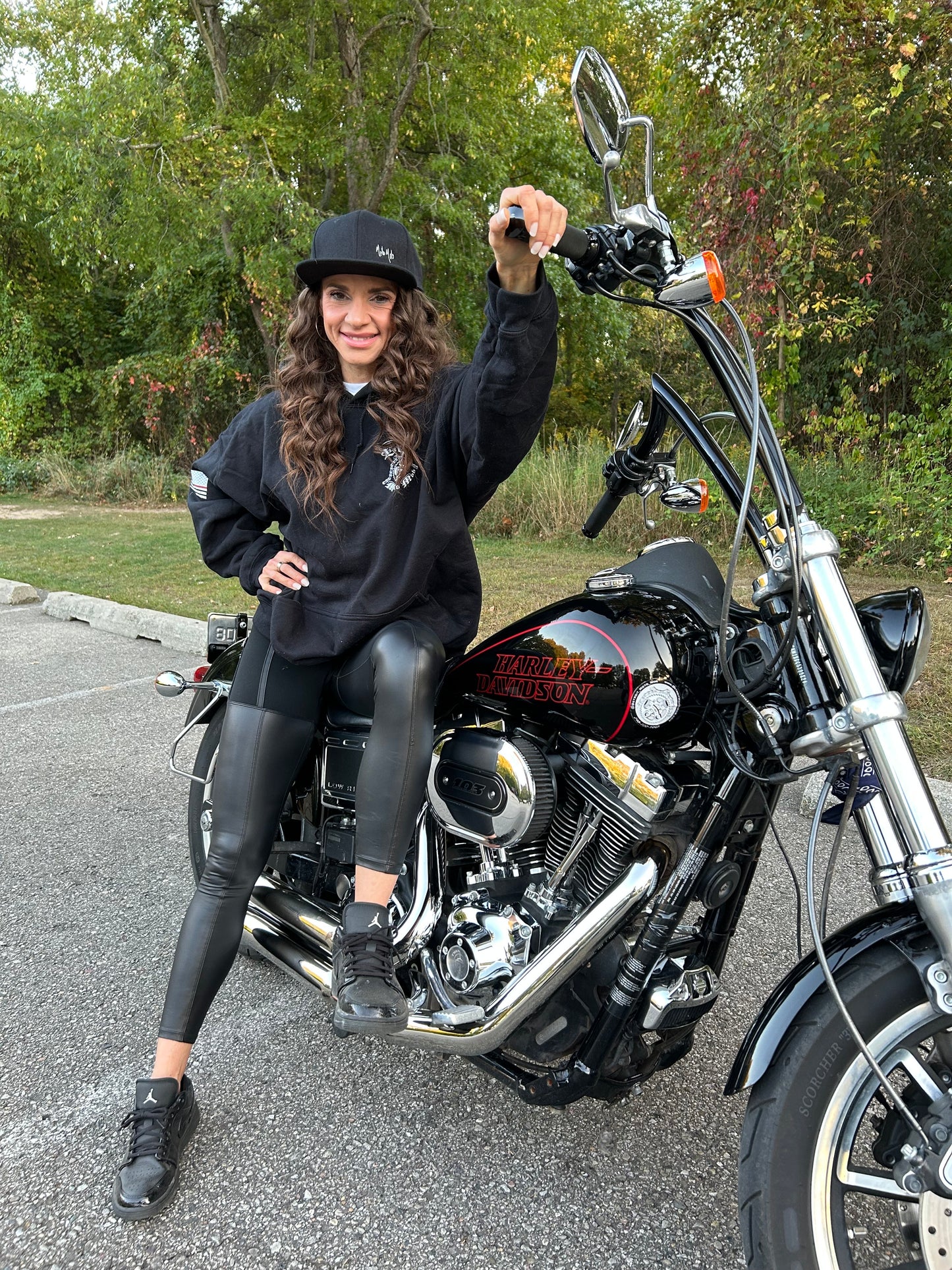 Snap Back Cap - All Black Trucker Hat with Natural Leather Moto Vation Patch