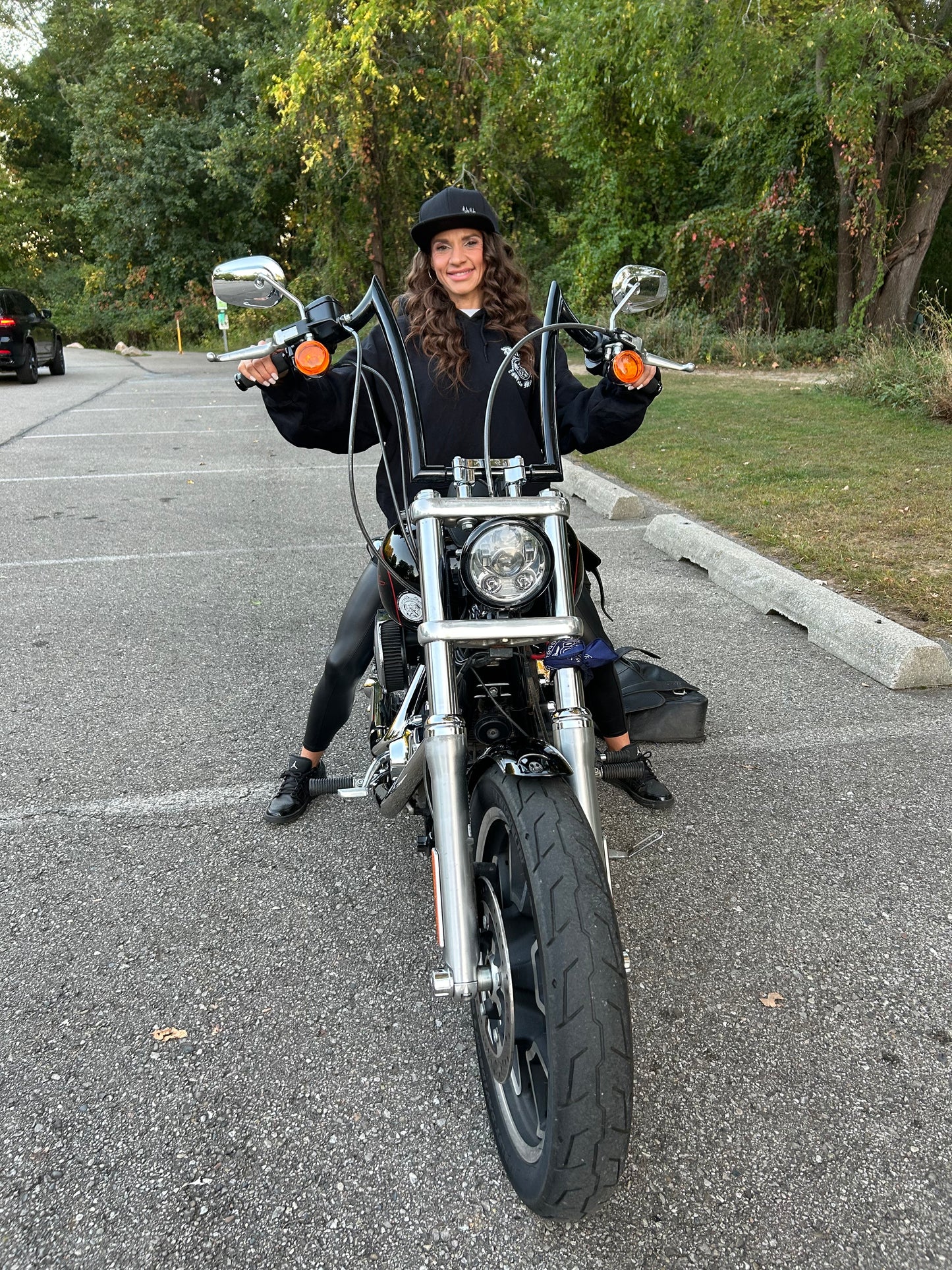 Snap Back Cap - All Black Trucker Hat with Natural Leather Moto Vation Patch