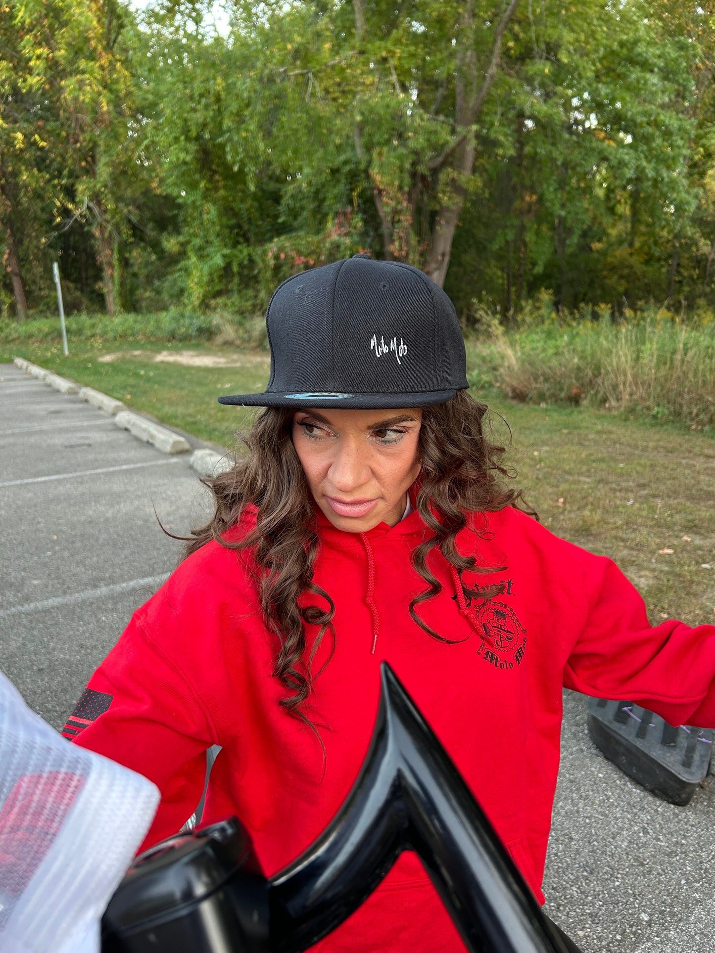 Snap Back Cap - All Black Trucker Hat with Natural Leather Moto Vation Patch