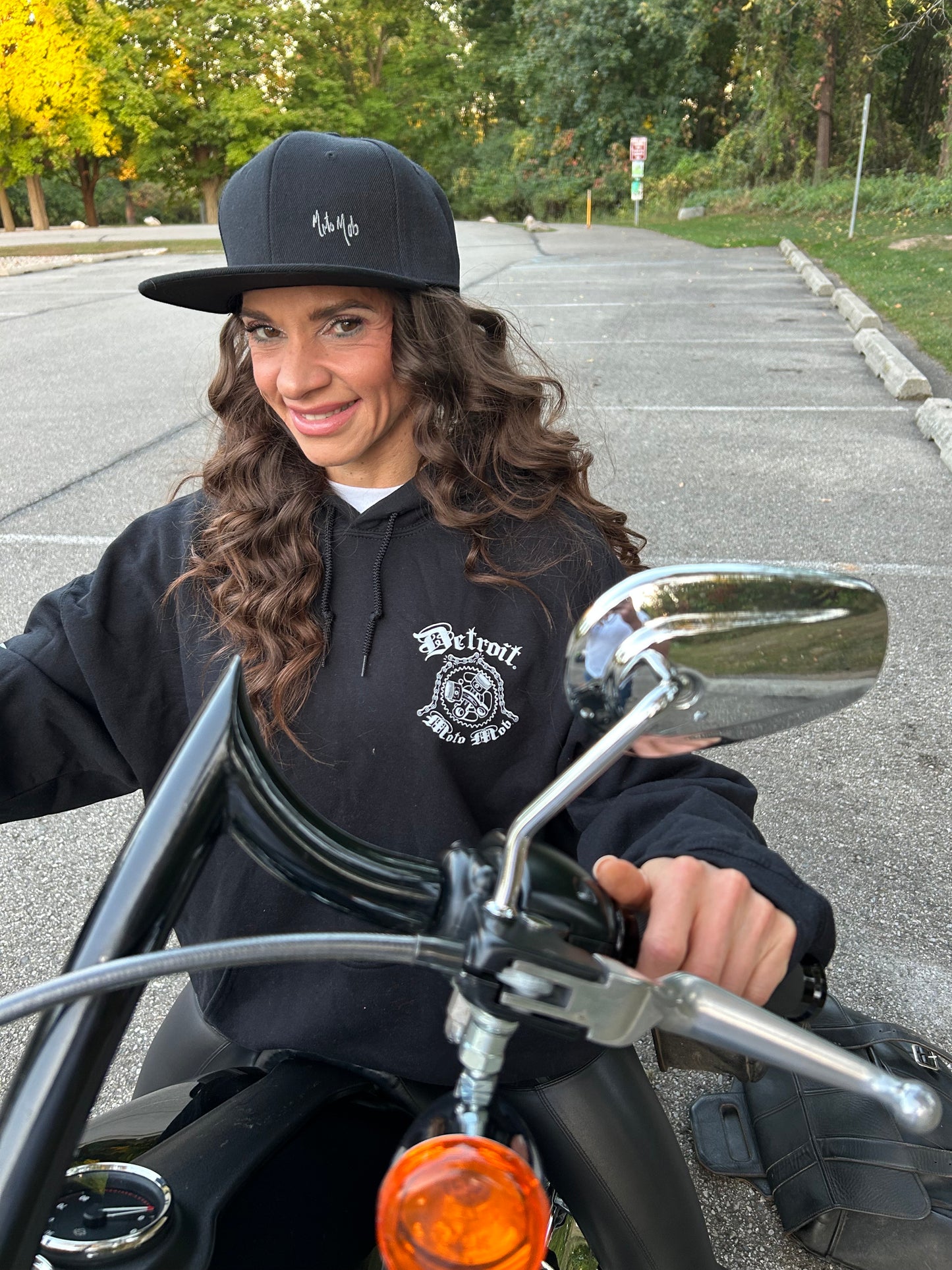 Snap Back Cap - All Black Trucker Hat with Natural Leather Moto Vation Patch
