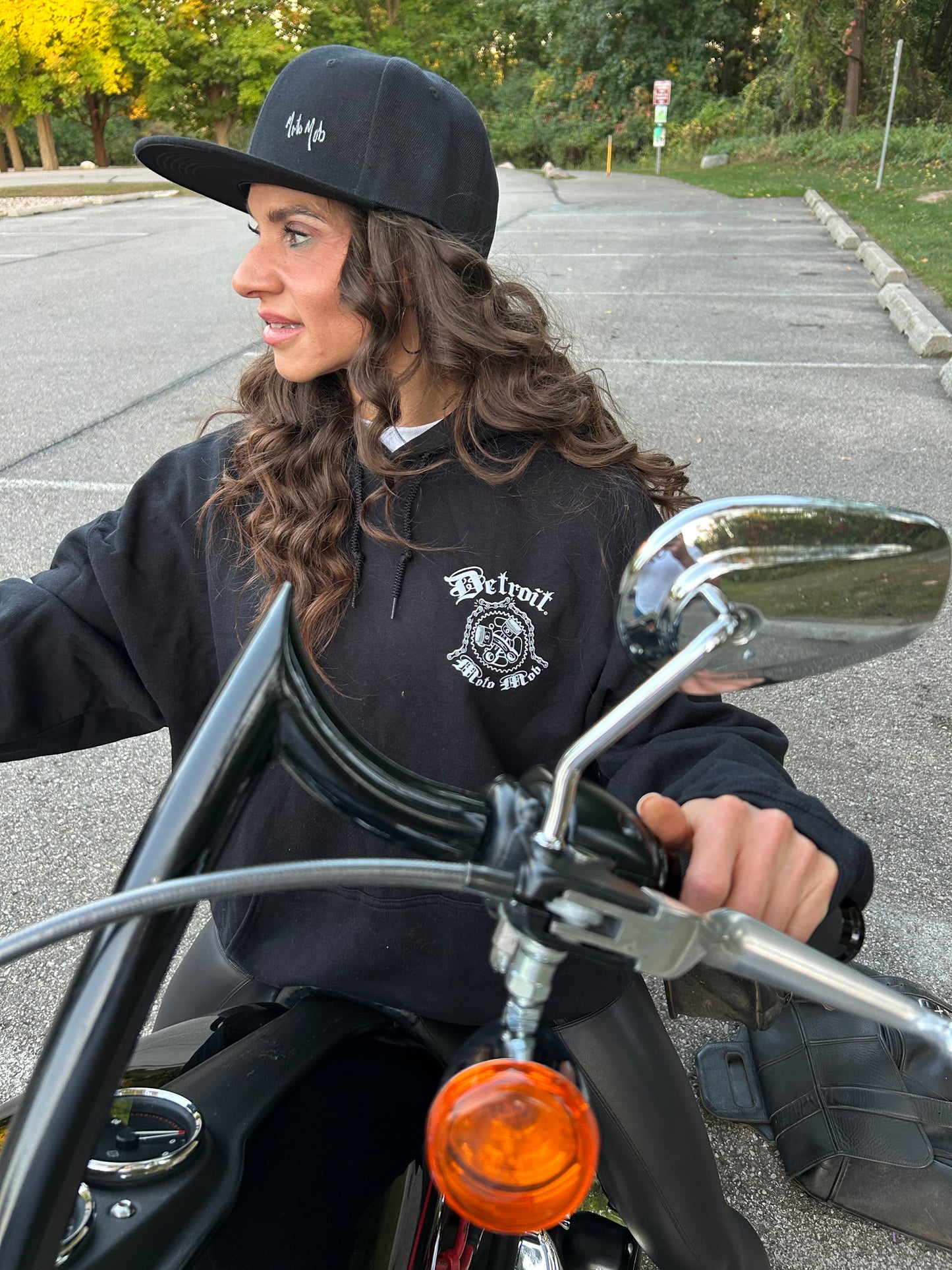Snap Back Cap - All Black Trucker Hat with Natural Leather Moto Vation Patch