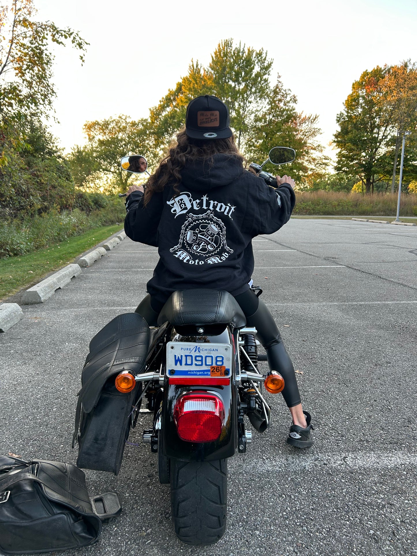 Snap Back Cap - All Black Trucker Hat with Natural Leather Moto Vation Patch