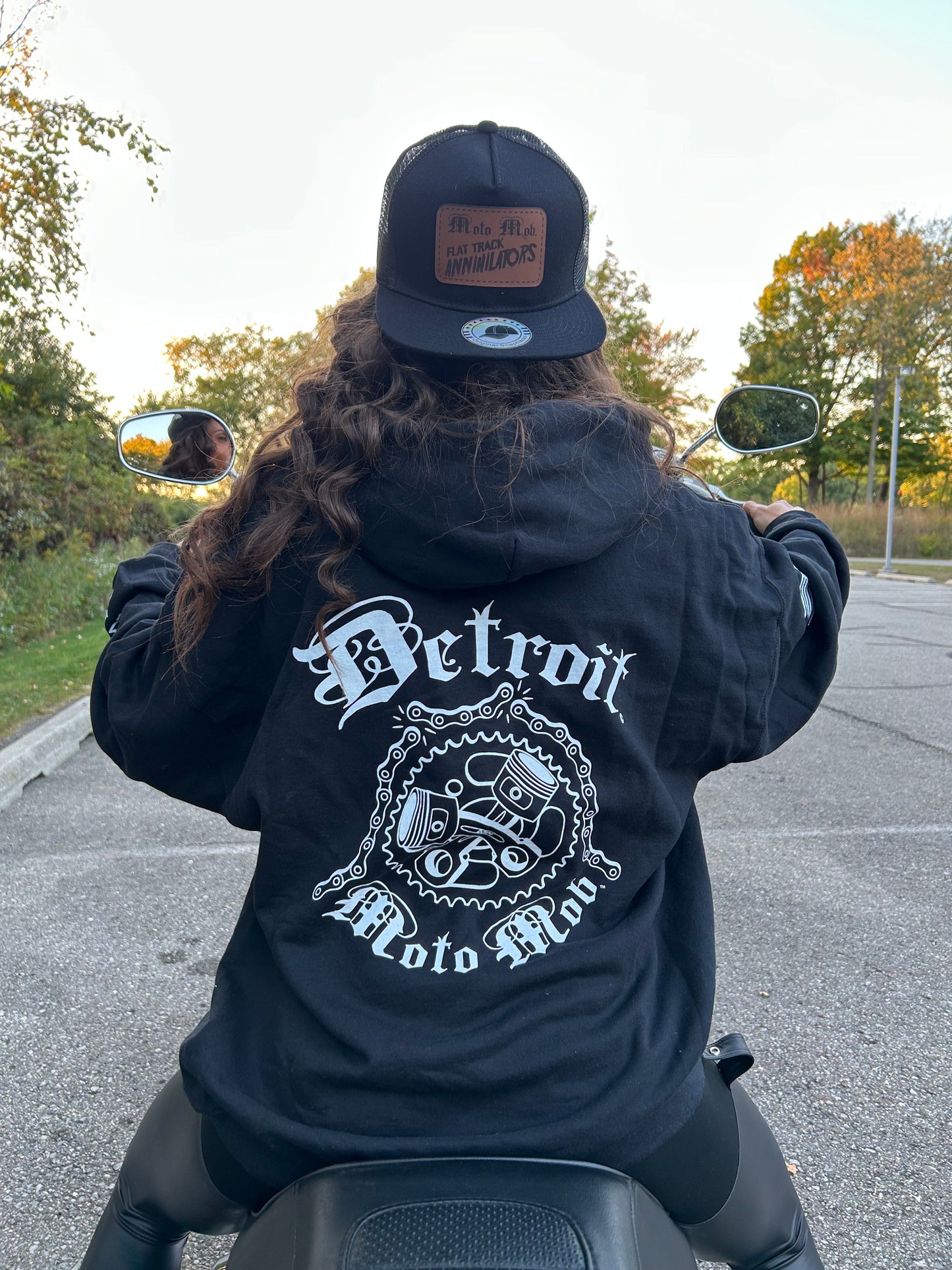 Snap Back Cap - All Black Trucker Hat with Natural Leather Moto Vation Patch
