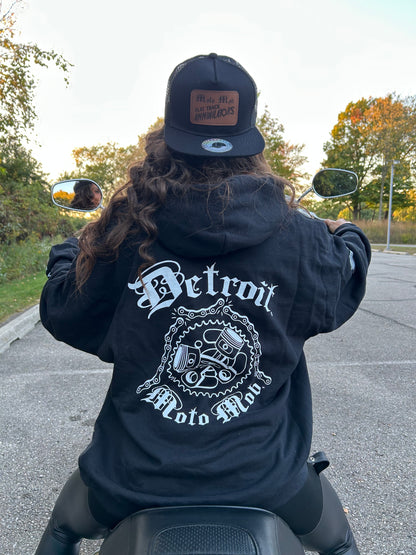 Snap Back Cap - All Black Trucker Hat with Natural Leather Moto Vation Patch