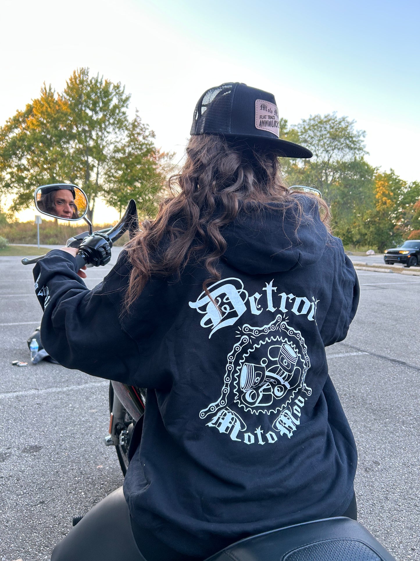 Snap Back Cap - All Black Trucker Hat with Natural Leather Moto Vation Patch