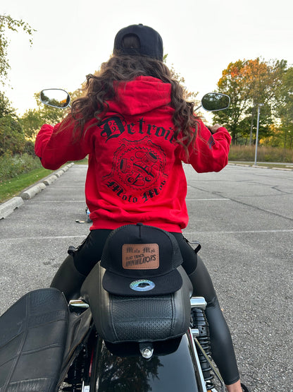 Snap Back Cap - All Black Trucker Hat with Natural Leather Moto Vation Patch
