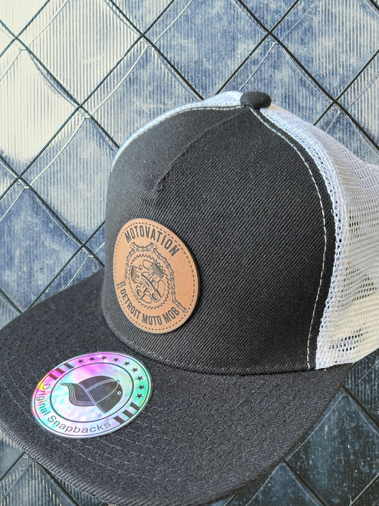 Snap Back Cap - Black & White Trucker Hat with Leather Patch