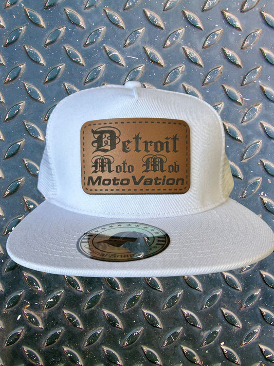 Snap Back Cap - All White Trucker Hat with Moto Vation Leather Patch